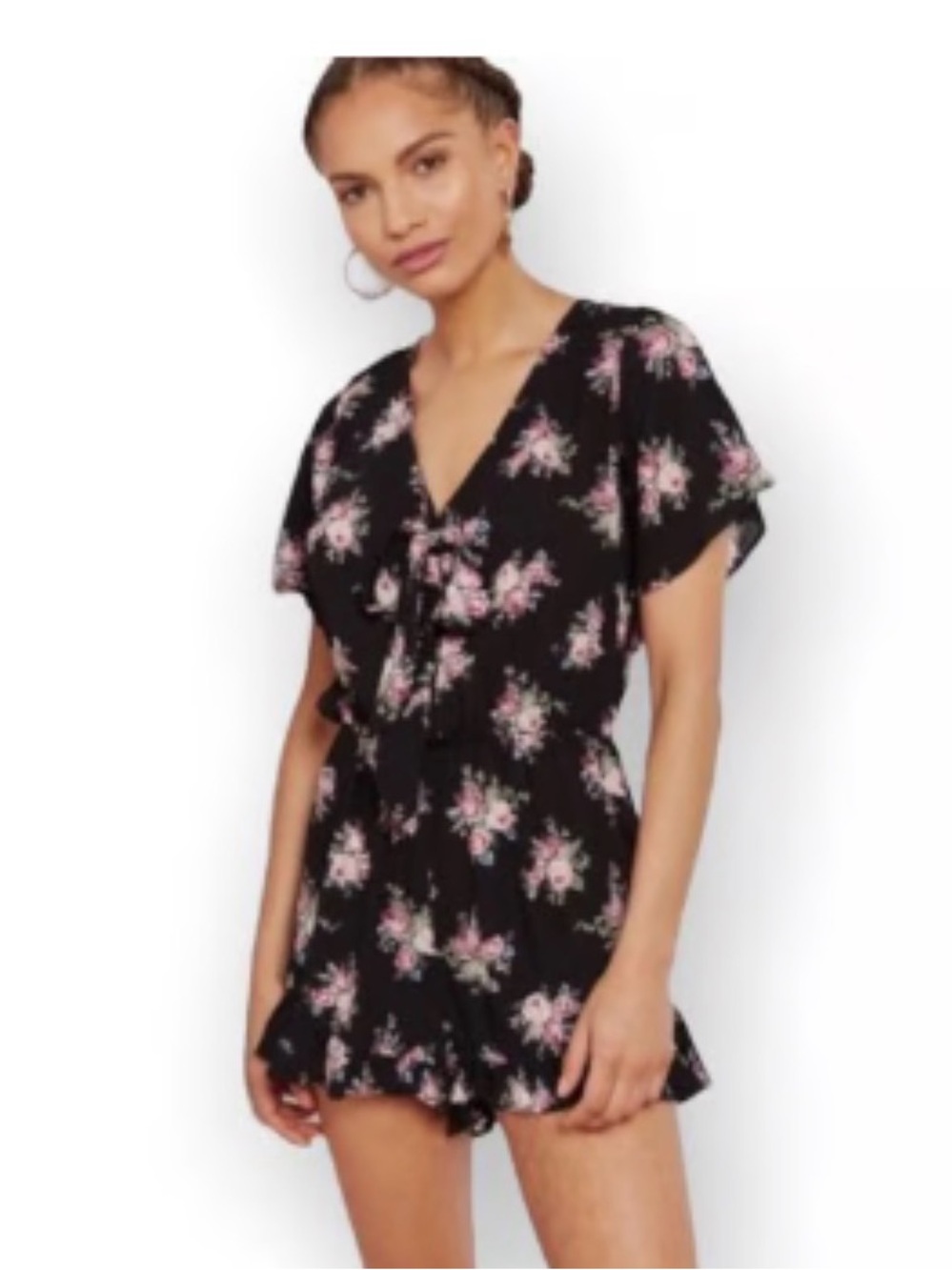 Topshop Romper Black Floral V-Neck Tie-Front Size 6 US